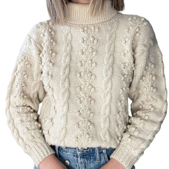 Vintage Hand Knit White Wool Chunky Fisherman Turtleneck Bobble Sweater Sz M - Picture 1 of 10